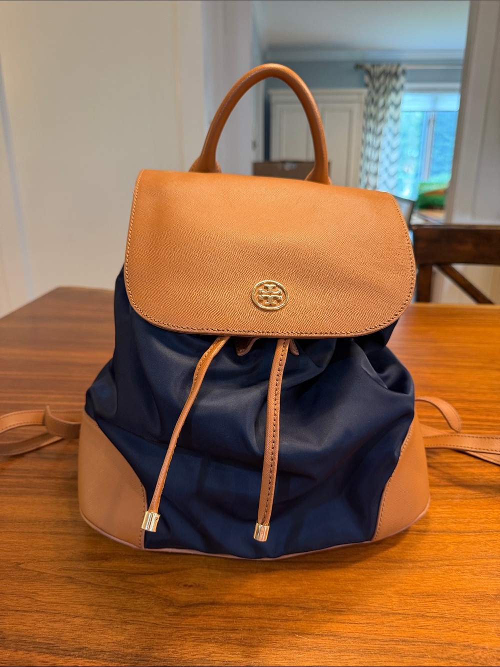 Tory Burch Navy and Tan Leather-Trim Drawstring Backpack